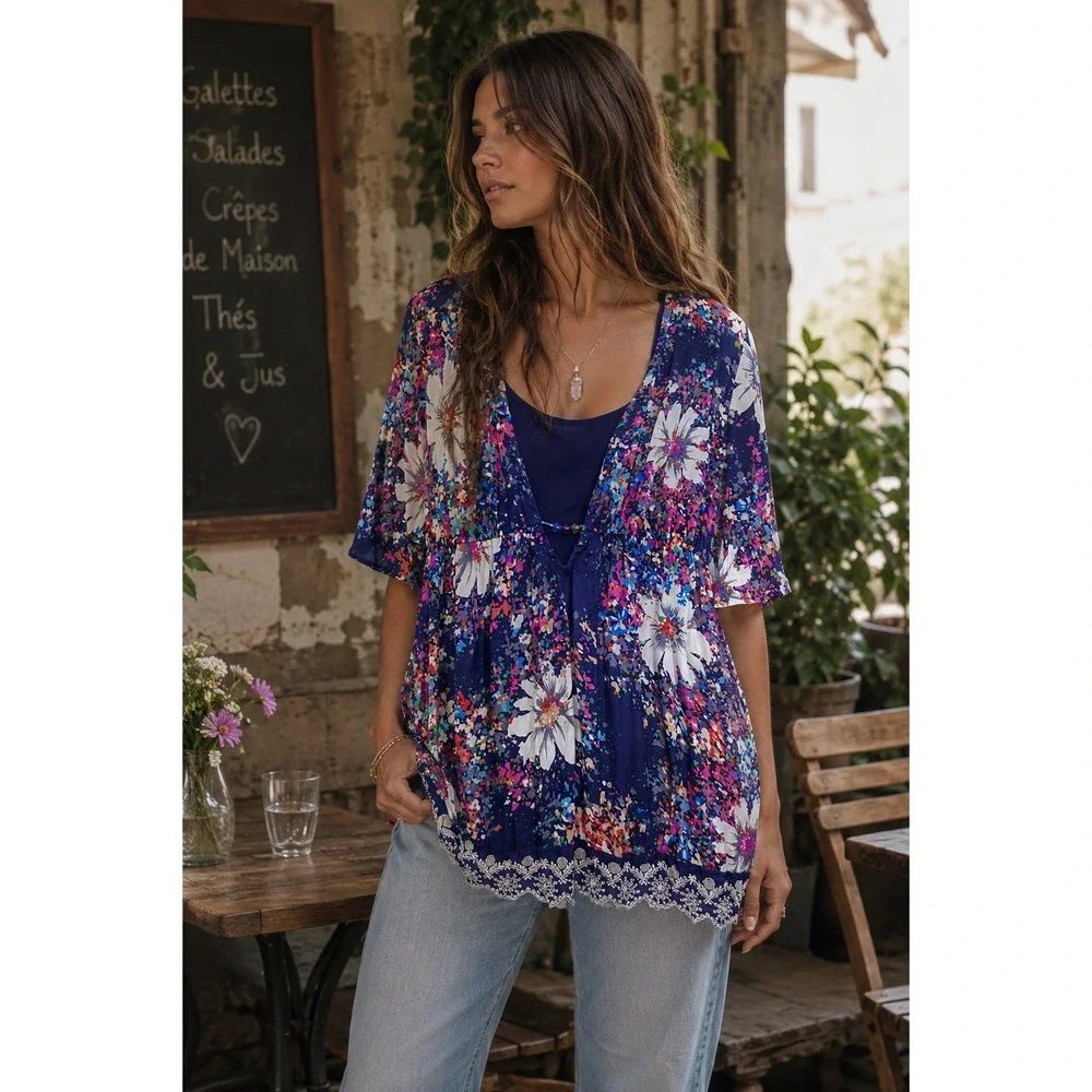 John Paul Richard 2 Pc Floral Lace Trim Tunic Top & Cami Mini Dress Purple Large - Picture 1 of 11